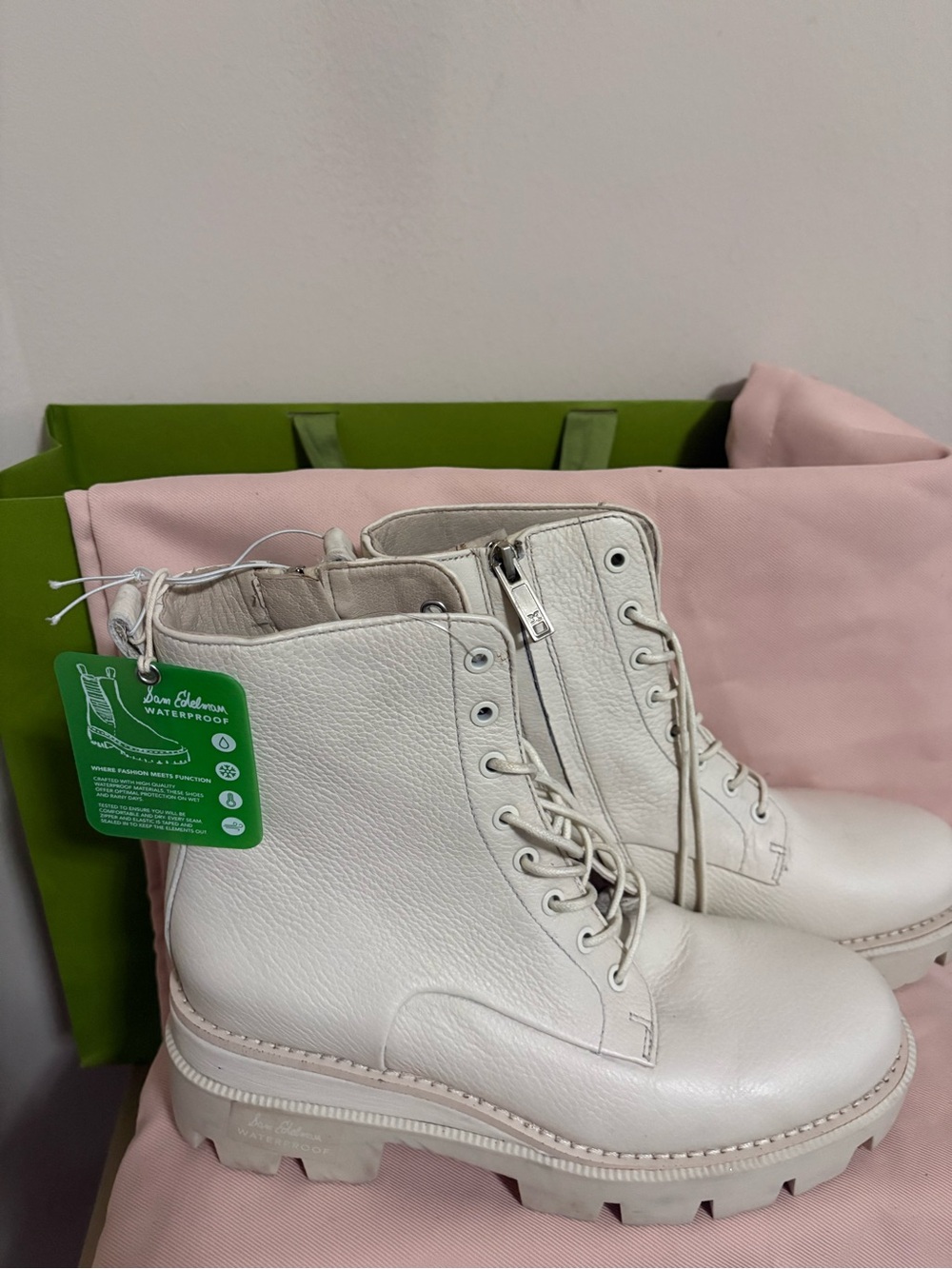 Sam Edelman Cream Lace-Up Combat Boots